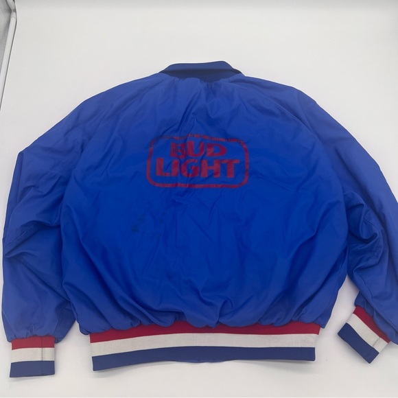 Vintage Bud Light Satin Bomber Jacket XL Blue USA Snap Front 80s Beer Promo - Picture 2 of 13